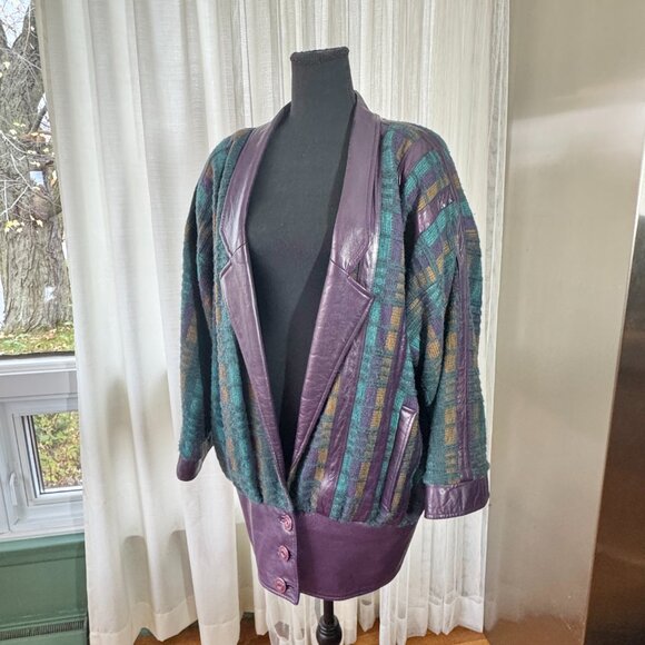 Vintage 80s blazer, purple, teal knit, leather lapels, waist band & cuffs, 10/12 - Picture 2 of 14